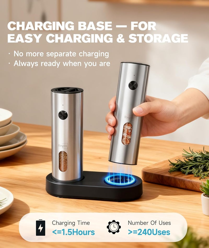 Ringo Ringco Electric Salt and Pepper Grinder Set with Charging Base, Rechargeable Salt and Pepper Mill with Adjustable Coarseness, LED Light, 110ml Large Capacity for Kitchen, Outdoors, Christmas Gift - Image 3